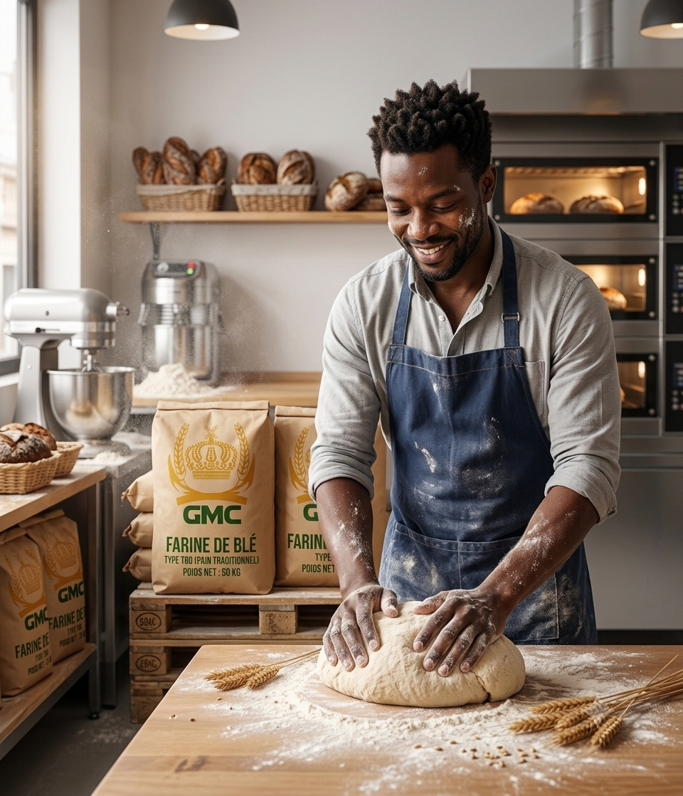 Boulanger travaillant une pâte dans un atelier GMC.