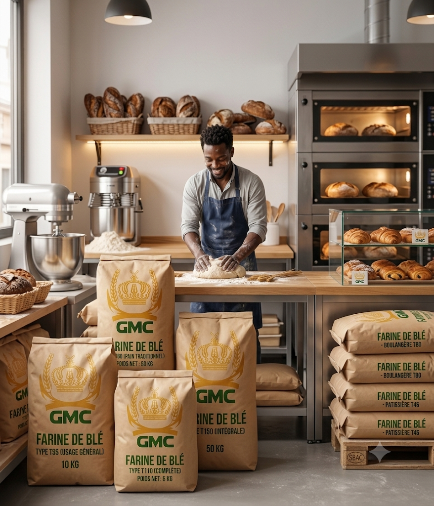 Atelier GMC avec sacs de farine, boulanger et produits exposés.